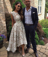 Cute round neck lace high-low prom dress, evening dress - RongMoon