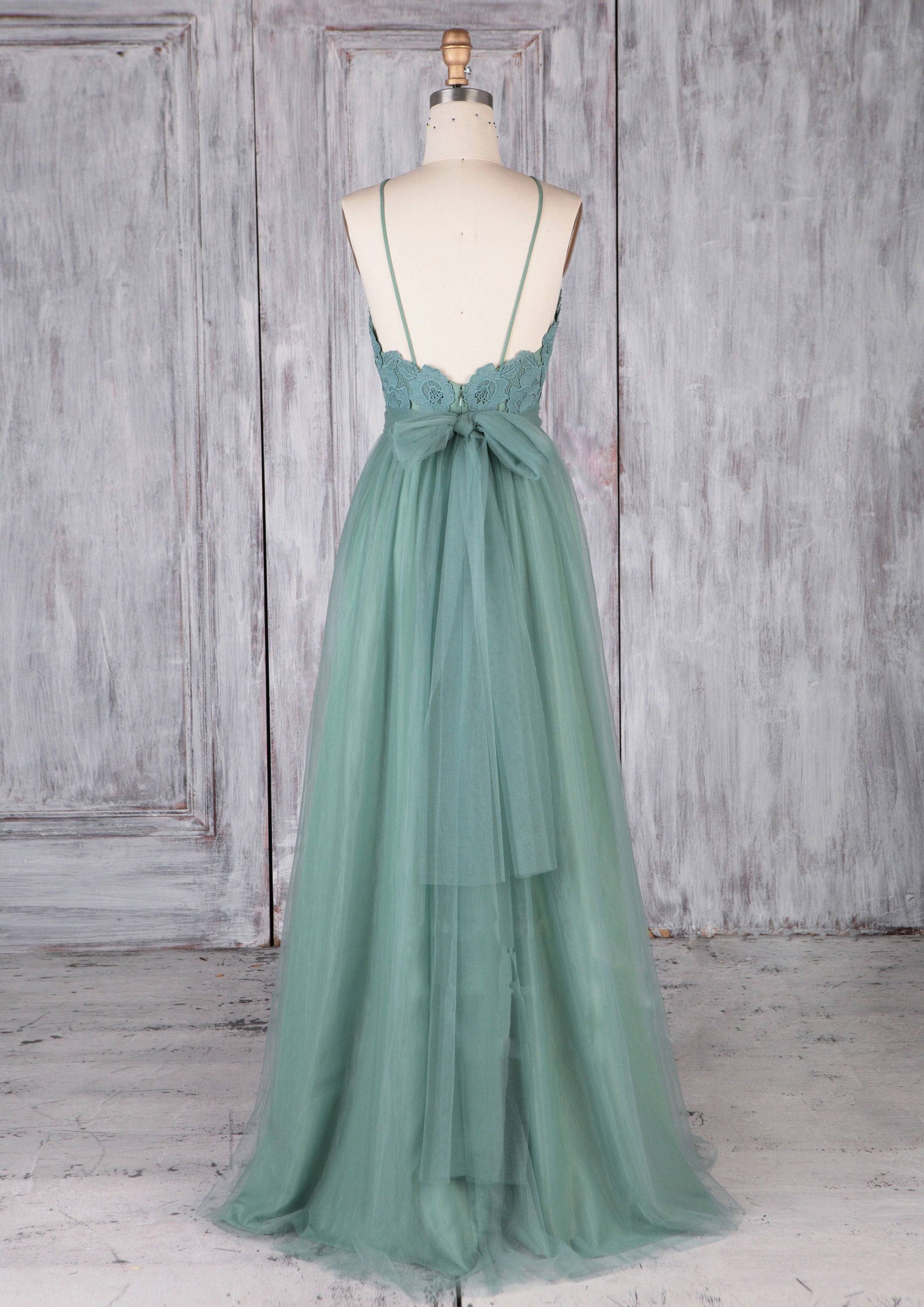 Green tulle lace long prom dress green lace evening dress - RongMoon