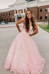 Pink tulle applique long prom dress pink tulle formal dress - RongMoon