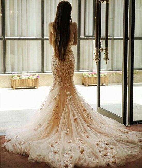 Pink sweetheart neck tulle mermaid long prom dress, wedding dress - RongMoon