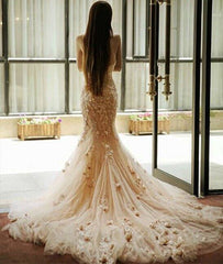 Pink sweetheart neck tulle mermaid long prom dress, wedding dress - RongMoon