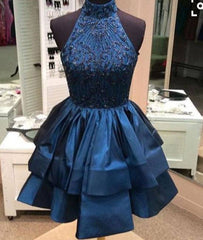 Blue high neck sequin beaded short prom dress, cute homecoming dress - RongMoon