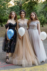 Champagne sweetheart tulle sequin beads long prom dress, formal dress - RongMoon