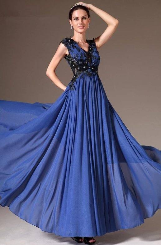 Blue Evening Dresses A-line V-neck Chiffon Appliques Crystals Long Formal Party Evening Gown Prom Dresses Robe De Soiree - RongMoon