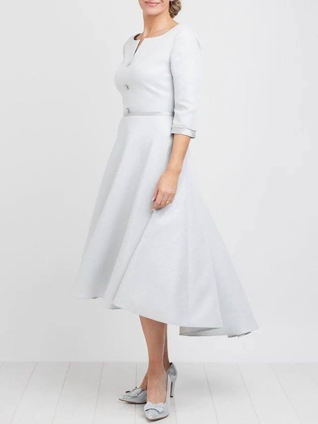 A-Line Mother of the Bride Dress Elegant Off Shoulder Tea Length Satin Half Sleeve with Pleats - RongMoon