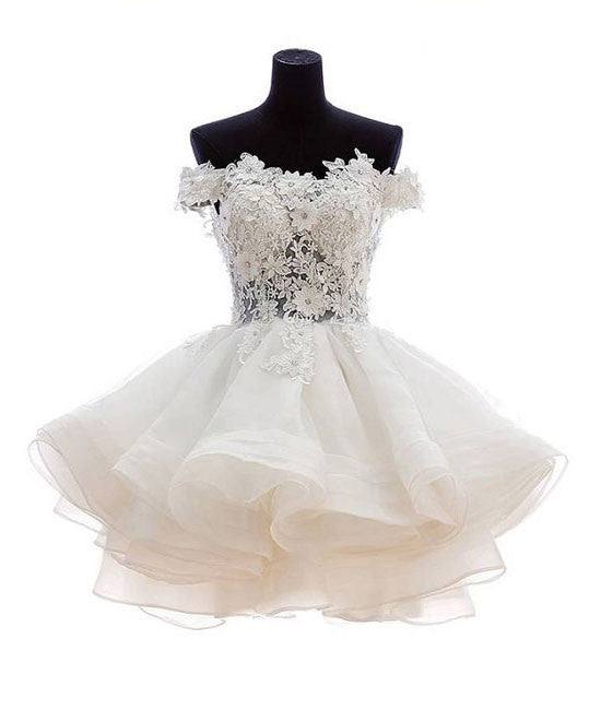 White sweetheart lace applique short prom dress, cute white homecoming dress - RongMoon