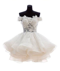 White sweetheart lace applique short prom dress, cute white homecoming dress - RongMoon