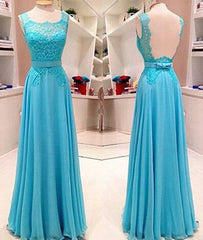 Blue lace long prom dress, blue evening dress for teens - RongMoon