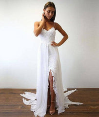 White lace chiffon long prom dress, white lace wedding dress - RongMoon