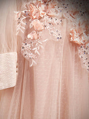Pink round neck tulle lace long prom dress, pink lace bridesmaid dress - RongMoon