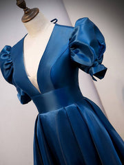 Blue v neck satin long prom dress blue satin evening dress - RongMoon