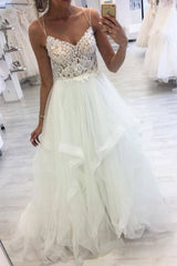 White sweetheart tulle lace applique long prom dress formal dress - RongMoon