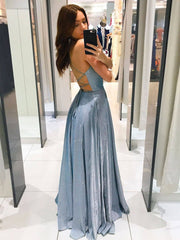 Simple blue satin long prom dress, blue evening dress - RongMoon