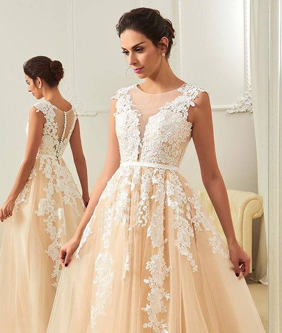 Champagne round neck tulle lace applique long prom dress, champagne evening dress - RongMoon