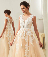 Champagne round neck tulle lace applique long prom dress, champagne evening dress - RongMoon