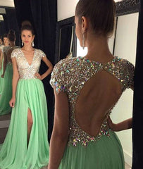 Unique A-line V Neck Sequin Backless Long Green Prom Dresses for teens - RongMoon