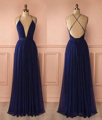 Simple v neck dark blue tulle long prom dress, evening dress - RongMoon