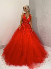 Red v neck tulle lace applique long prom dress, tulle formal dress - RongMoon