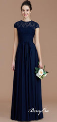 Navy Illusion A-line Lace Chiffon Long Bridesmaid Dresses - RongMoon