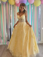 Yellow v neck tulle lace long prom dress, yellow formal dress - RongMoon