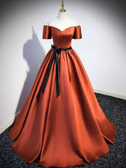 A-Line Satin Orange Long Prom Dresses, Orange Formal Evening Dresses - RongMoon