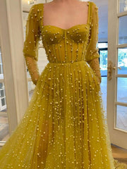Yellow sweetheart tulle beads long prom dress, yellow evening dress - RongMoon