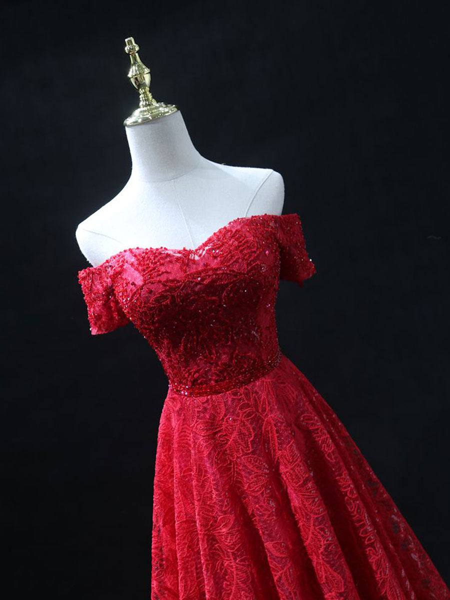 Burgundy A line lace tulle beads long prom dress, burgundy bridesmaid dress - RongMoon