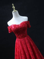 Burgundy A line lace tulle beads long prom dress, burgundy bridesmaid dress - RongMoon