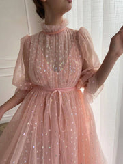Pink tulle long prom dress, pink tulle evening dress - RongMoon