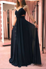 Simple dark blue chiffon long prom dress blue evening dress - RongMoon