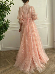 Pink tulle long prom dress, pink tulle evening dress - RongMoon