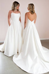 Simple white satin long prom dress white formal dress - RongMoon