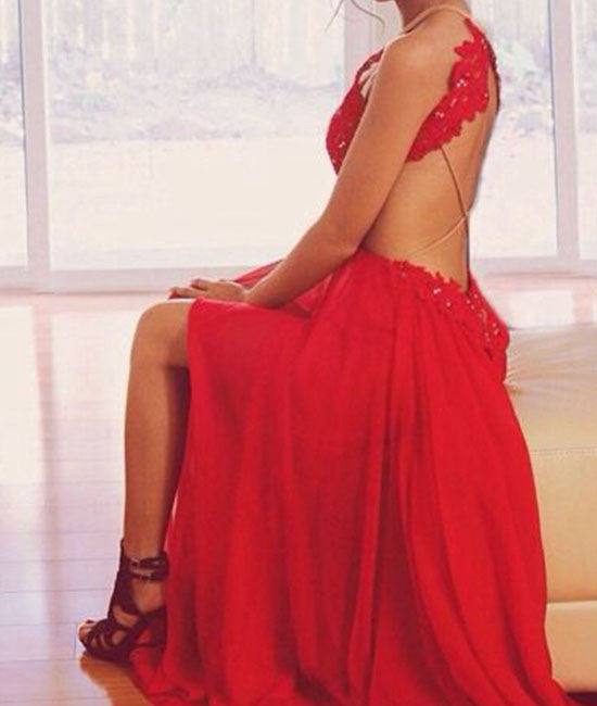 Red Chiffon Lace hight Neck Long Prom Dress, Evening Dress - RongMoon