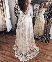 Champagne lace long prom dress, backless lace evening dress - RongMoon