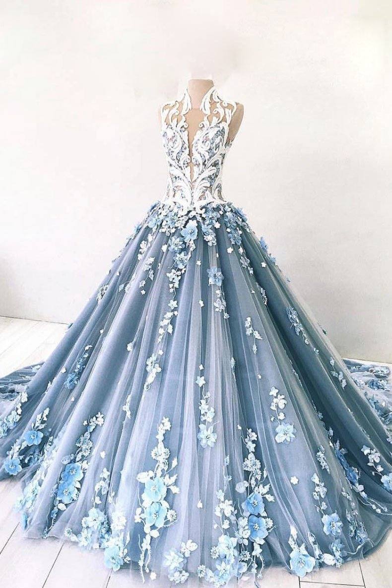 Unique high neck tulle lace long prom dress blue tulle lace evening dress - RongMoon