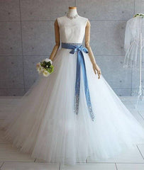 White tulle lace long pom dress, white tulle wedding dress - RongMoon