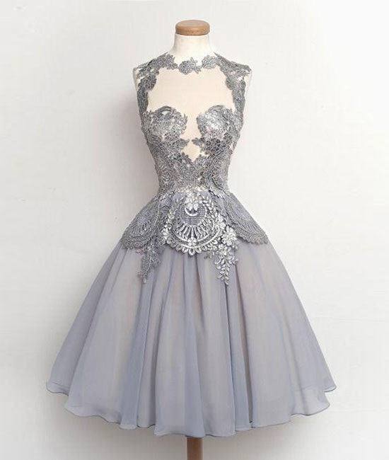 Gray lace Chiffon Short Prom Gown, Homecoming Dress - RongMoon