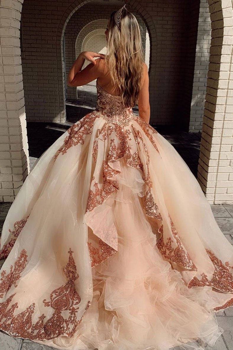 Champagne sweetheart tulle sequin long prom gown evening dress - RongMoon