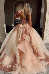 Champagne sweetheart tulle sequin long prom gown evening dress - RongMoon