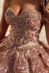 Champagne sweetheart tulle sequin long prom gown evening dress - RongMoon