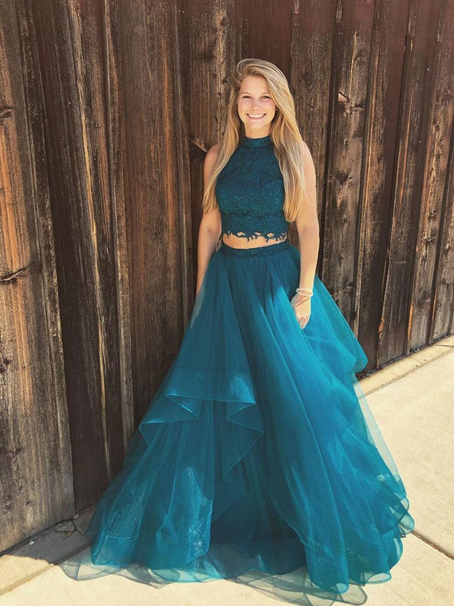 Green two pieces lace tulle long prom dress green evening dress - RongMoon