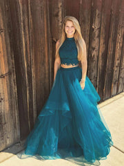Green two pieces lace tulle long prom dress green evening dress - RongMoon