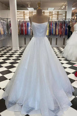 White tulle sequin long prom dress white tulle evening dress - RongMoon