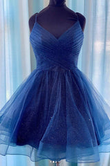 Blue tulle short prom dress blue tulle homecoming dress - RongMoon