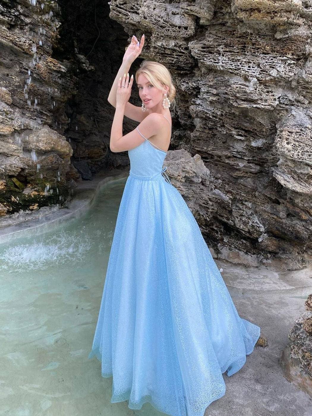 Blue A line tulle sequin long prom dress, blue tulle formal dress - RongMoon