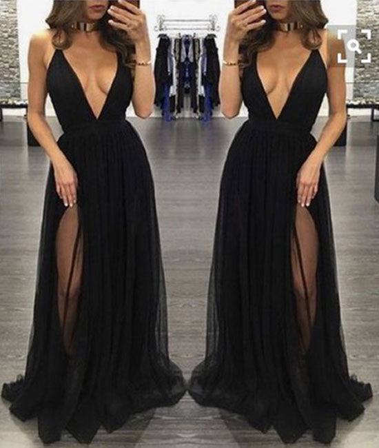 Simple v neck chiffon long prom dress, black evening dress - RongMoon