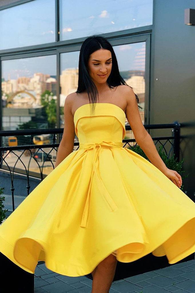 Simple yellow satin short prom dress yellow homecoming dress - RongMoon
