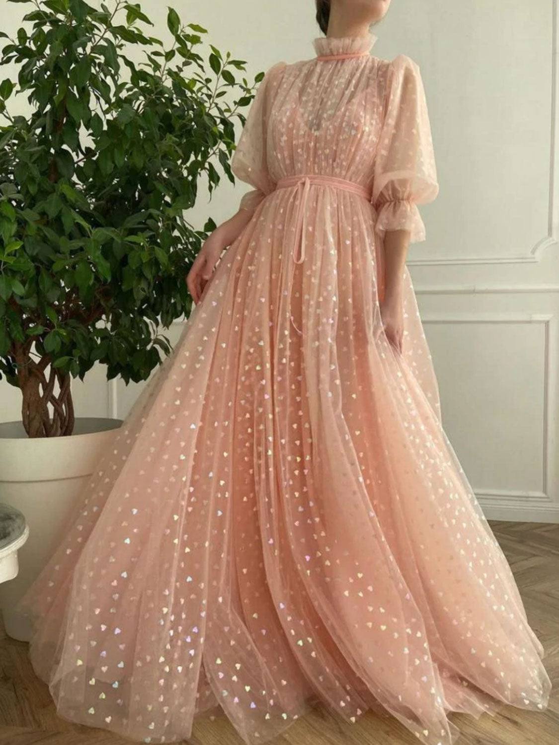 Pink tulle long prom dress, pink tulle evening dress - RongMoon