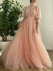 Pink tulle long prom dress, pink tulle evening dress - RongMoon