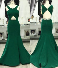 Green v neck mermaid long prom dress, green evening dress for teens - RongMoon